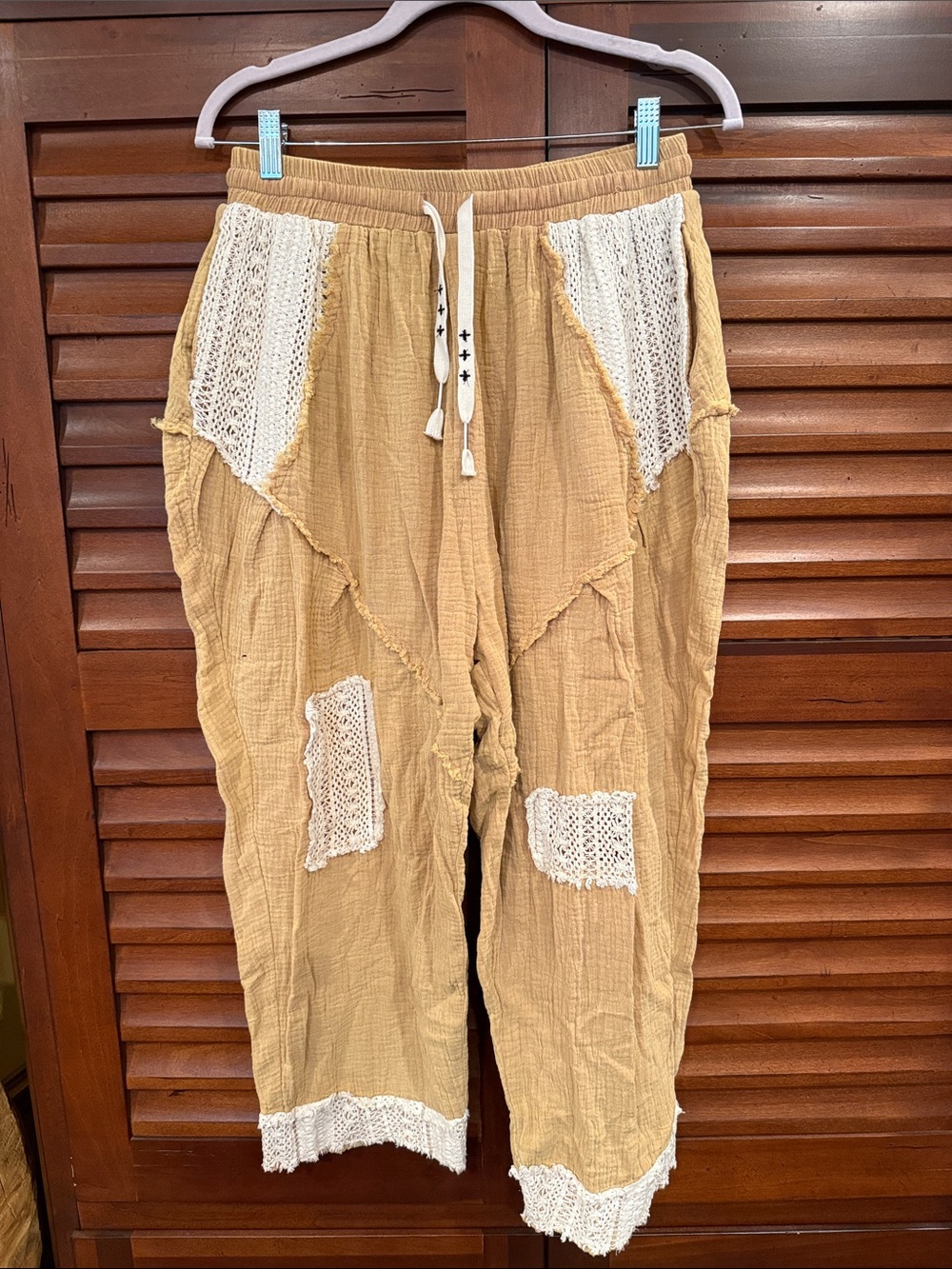 POL Mustard Yellow Crochet Patchwork Lounge Pants